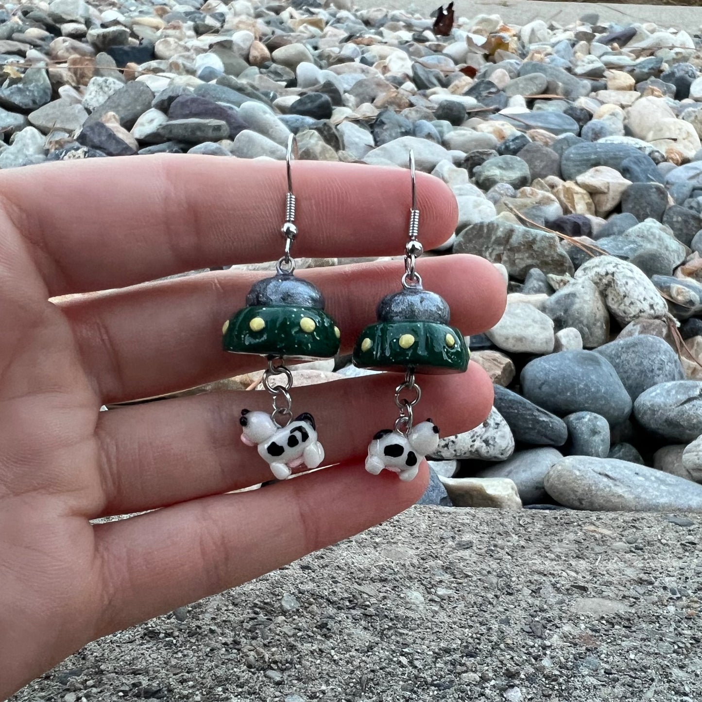 UFO and Dangling Cow Earrings