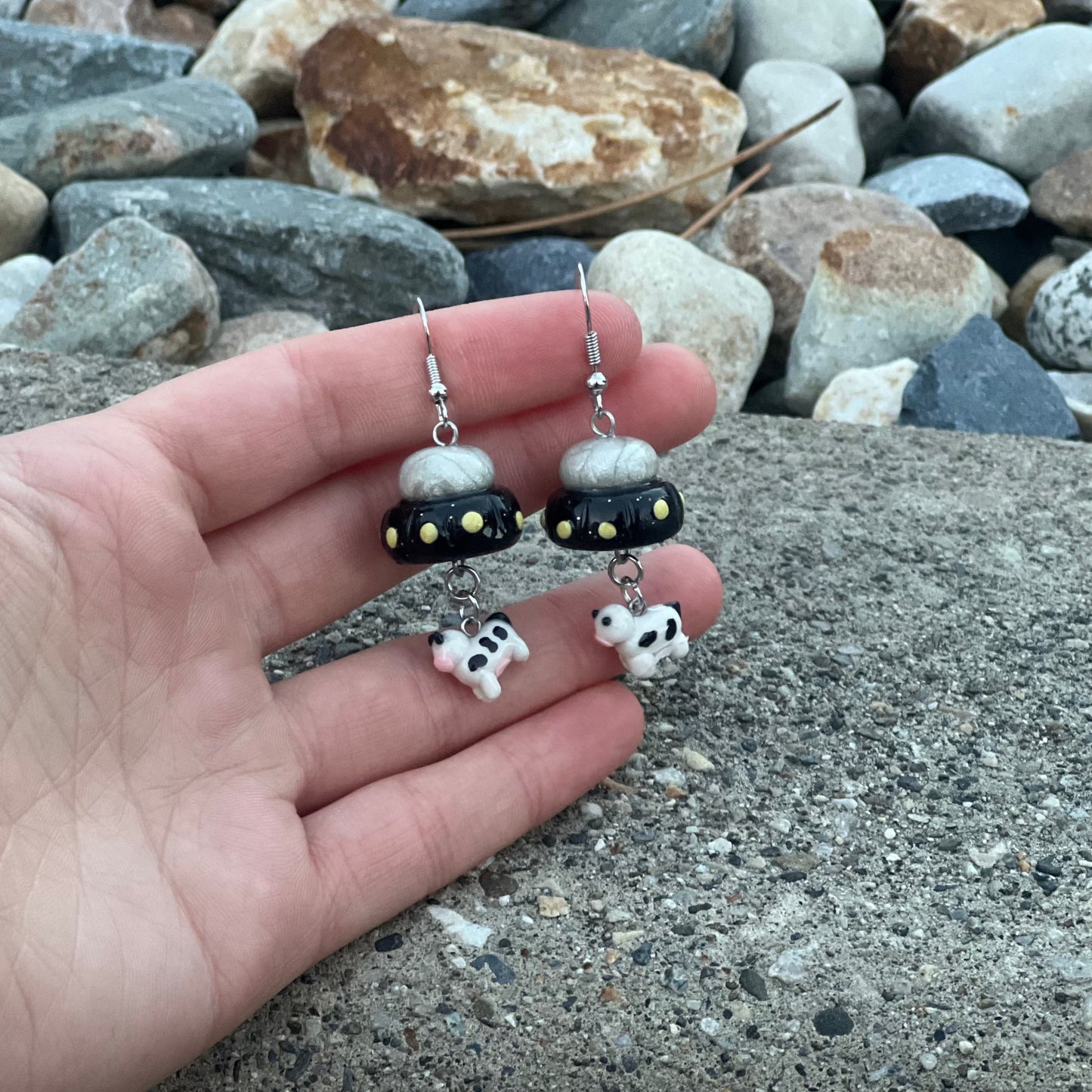 UFO and Dangling Cow Earrings