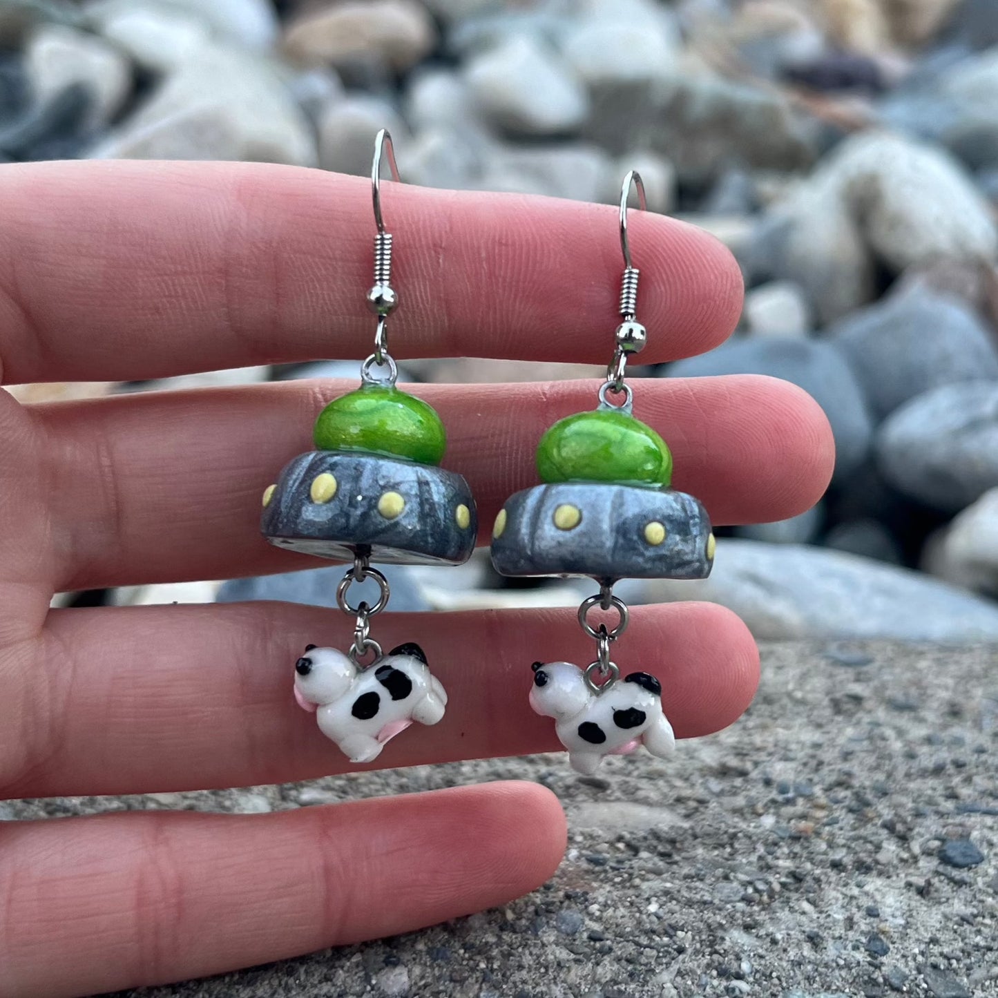 UFO and Dangling Cow Earrings